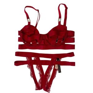 NWT Victoria's Secret Very Sexy Red Strappy Cage Bra & Cheekini Set 32B S
